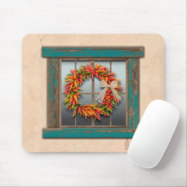 Southwest Chili Wreath on Rustic Blue Wood Window Muismat