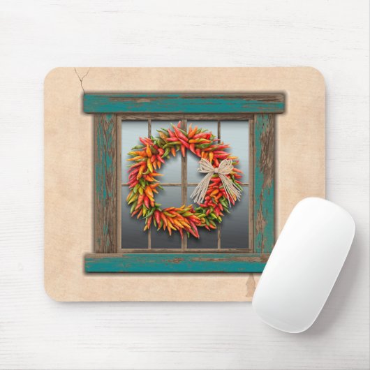 Southwest Chili Wreath on Rustic Blue Wood Window Muismat (Met muis)