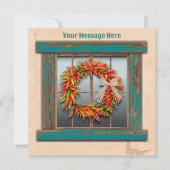 Southwest Chili Wreath on Rustic Blue Wood Window Notitiekaartje (Voorkant)