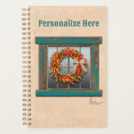 Southwest Chili Wreath on Rustic Blue Wood Window Planner