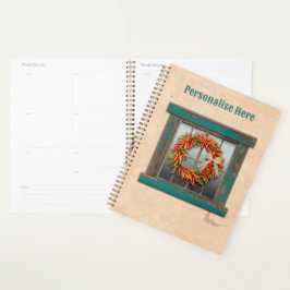 Southwest Chili Wreath on Rustic Blue Wood Window Planner