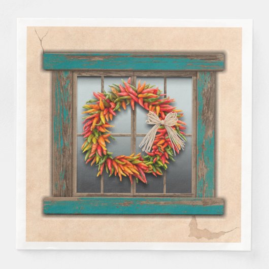 Southwest Chili Wreath on Rustic Blue Wood Window Servet (Voorkant)
