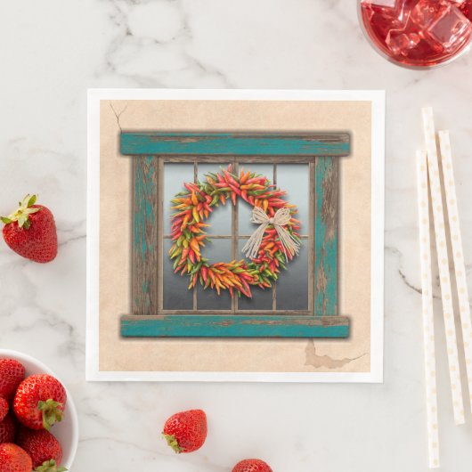 Southwest Chili Wreath on Rustic Blue Wood Window Servet (Insitu)