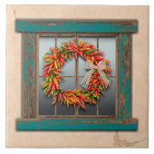 Southwest Chili Wreath on Rustic Blue Wood Window Tegeltje (Voorkant)