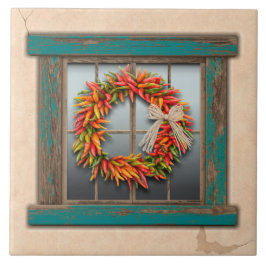 Southwest Chili Wreath on Rustic Blue Wood Window Tegeltje