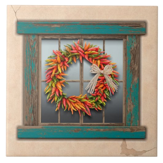 Southwest Chili Wreath on Rustic Blue Wood Window Tegeltje (Voorkant)