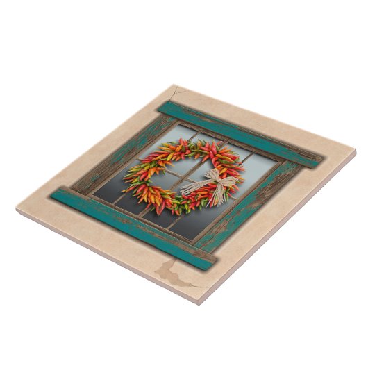 Southwest Chili Wreath on Rustic Blue Wood Window Tegeltje (Zijkant)