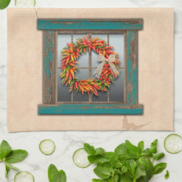 Southwest Chili Wreath on Rustic Blue Wood Window Theedoek