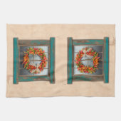 Southwest Chili Wreath on Rustic Blue Wood Window Theedoek (Horizontaal)