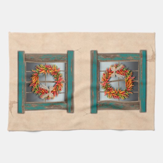 Southwest Chili Wreath on Rustic Blue Wood Window Theedoek (Horizontaal)