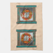 Southwest Chili Wreath on Rustic Blue Wood Window Theedoek (Verticaal)