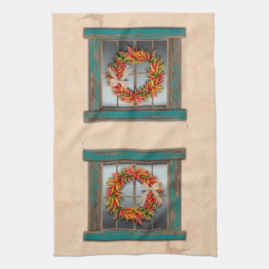 Southwest Chili Wreath on Rustic Blue Wood Window Theedoek (Verticaal)