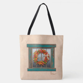 Southwest Chili Wreath on Rustic Blue Wood Window Tote Bag