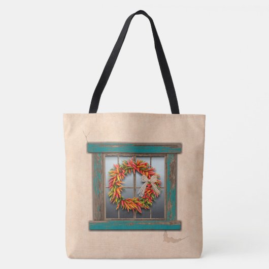 Southwest Chili Wreath on Rustic Blue Wood Window Tote Bag (Voorkant)