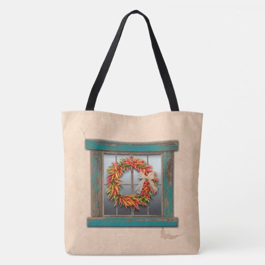 Southwest Chili Wreath on Rustic Blue Wood Window Tote Bag (Achterkant)