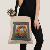 Southwest Chili Wreath on Rustic Blue Wood Window Tote Bag (Dichtbij)