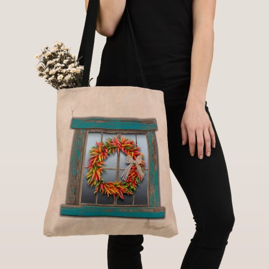 Southwest Chili Wreath on Rustic Blue Wood Window Tote Bag (Dichtbij)