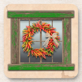 Southwest Chili Wreath on Rustic Green Wood Window Bier Onderzetter