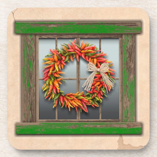 Southwest Chili Wreath on Rustic Green Wood Window Bier Onderzetter (Voorkant)