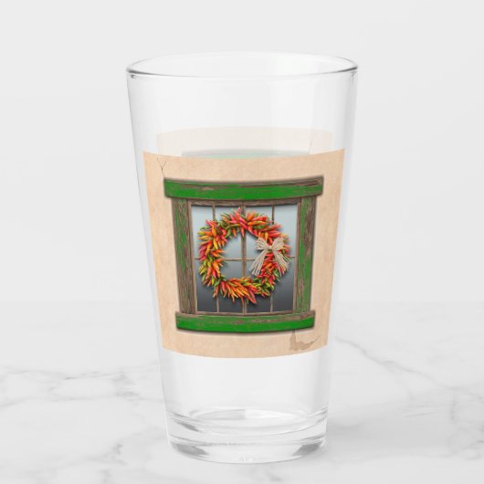 Southwest Chili Wreath on Rustic Green Wood Window Glas (Achterkant)