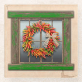 Southwest Chili Wreath on Rustic Green Wood Window Glazen Onderzetter (Voorkant)