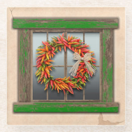 Southwest Chili Wreath on Rustic Green Wood Window Glazen Onderzetter