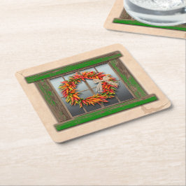 Southwest Chili Wreath on Rustic Green Wood Window Kartonnen Onderzetters