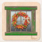 Southwest Chili Wreath on Rustic Green Wood Window Kartonnen Onderzetters (Voorkant)