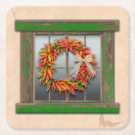 Southwest Chili Wreath on Rustic Green Wood Window Kartonnen Onderzetters