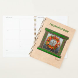 Southwest Chili Wreath on Rustic Green Wood Window Planner