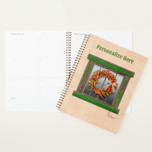 Southwest Chili Wreath on Rustic Green Wood Window Planner (Display)