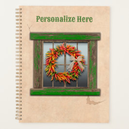 Southwest Chili Wreath on Rustic Green Wood Window Planner