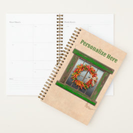 Southwest Chili Wreath on Rustic Green Wood Window Planner