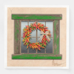 Southwest Chili Wreath on Rustic Green Wood Window Servet