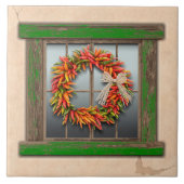 Southwest Chili Wreath on Rustic Green Wood Window Tegeltje (Voorkant)