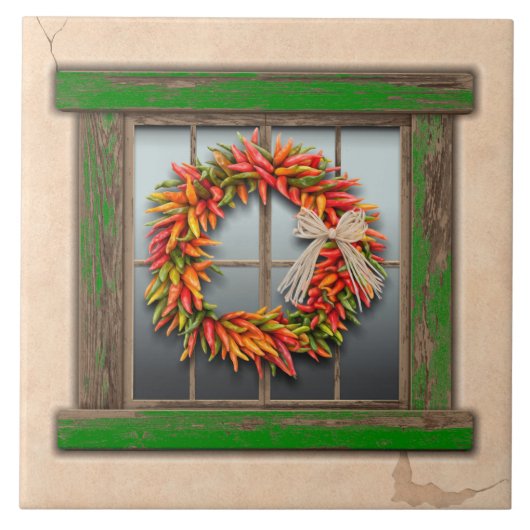 Southwest Chili Wreath on Rustic Green Wood Window Tegeltje (Voorkant)