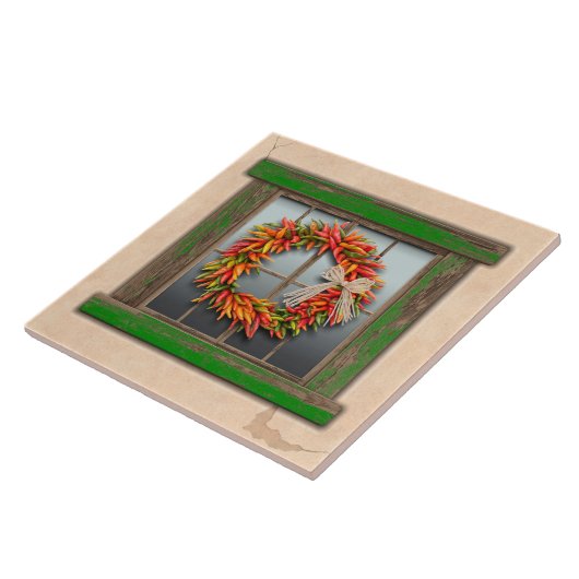 Southwest Chili Wreath on Rustic Green Wood Window Tegeltje (Zijkant)