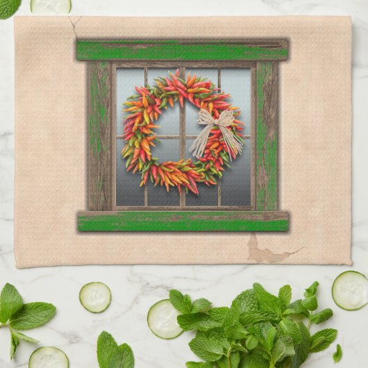 Southwest Chili Wreath on Rustic Green Wood Window Theedoek (Gevouwen)