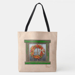 Southwest Chili Wreath on Rustic Green Wood Window Tote Bag