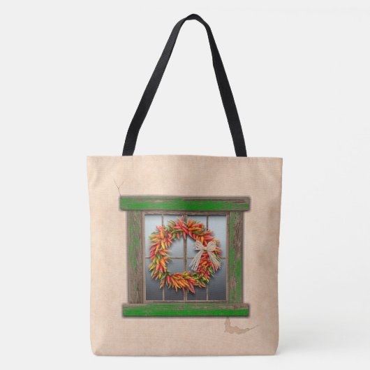 Southwest Chili Wreath on Rustic Green Wood Window Tote Bag (Voorkant)