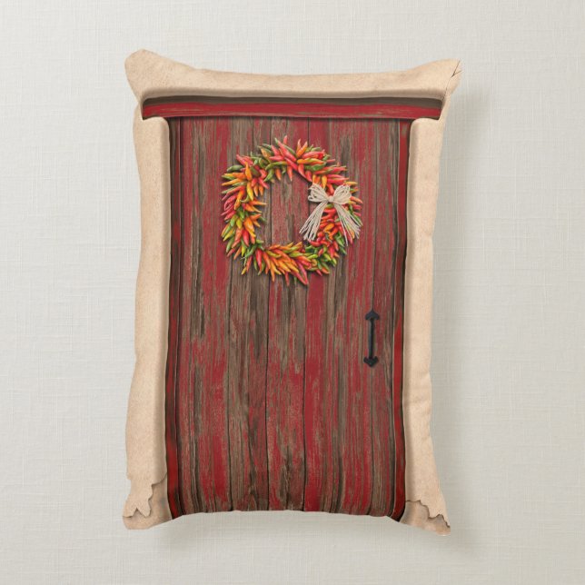 Southwest Chili Wreath on Rustic Red Wood Dep Accent Kussen (Achterkant (Verticaal))