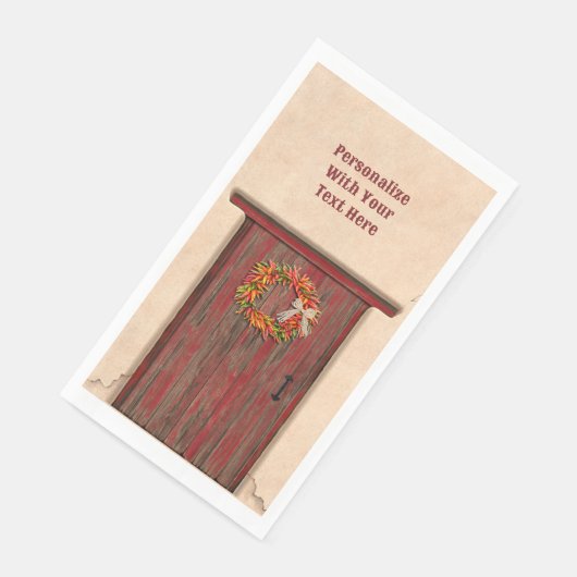 Southwest Chili Wreath on Rustic Red Wood Dep Servet (Hoek)