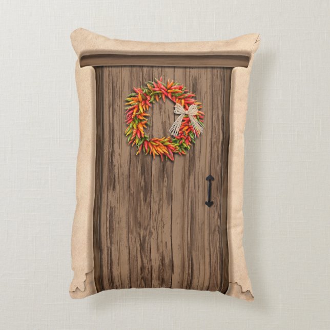 Southwest Chili Wreath on Rustic Wood door Accent Kussen (Achterkant (Verticaal))