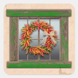 Southwest Chili Wreath on Rustic Wood Window Vierkante Sticker
