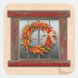 Southwest Chili Wreath on Rustic Wood Window Vierkante Sticker