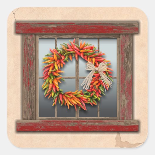 Southwest Chili Wreath on Rustic Wood Window Vierkante Sticker (Voorkant)