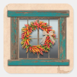 Southwest Chili Wreath on Rustic Wood Window Vierkante Sticker