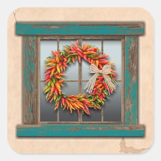 Southwest Chili Wreath on Rustic Wood Window Vierkante Sticker (Voorkant)