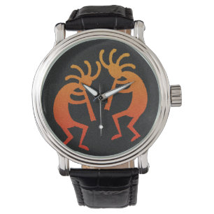 Southwest Design Dancing Kokopelli Sinaasappel Zwa Horloge