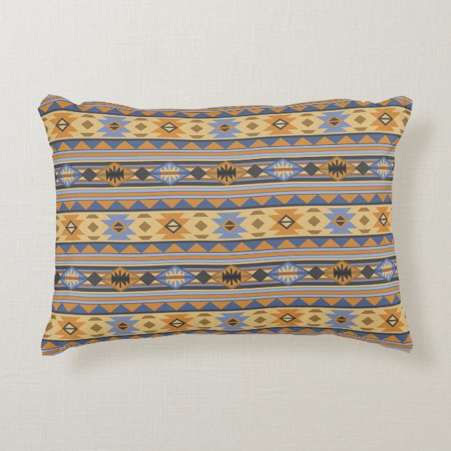 Southwest Design Gold Blue Grey Tribal Patroon Accent Kussen (Voorkant)